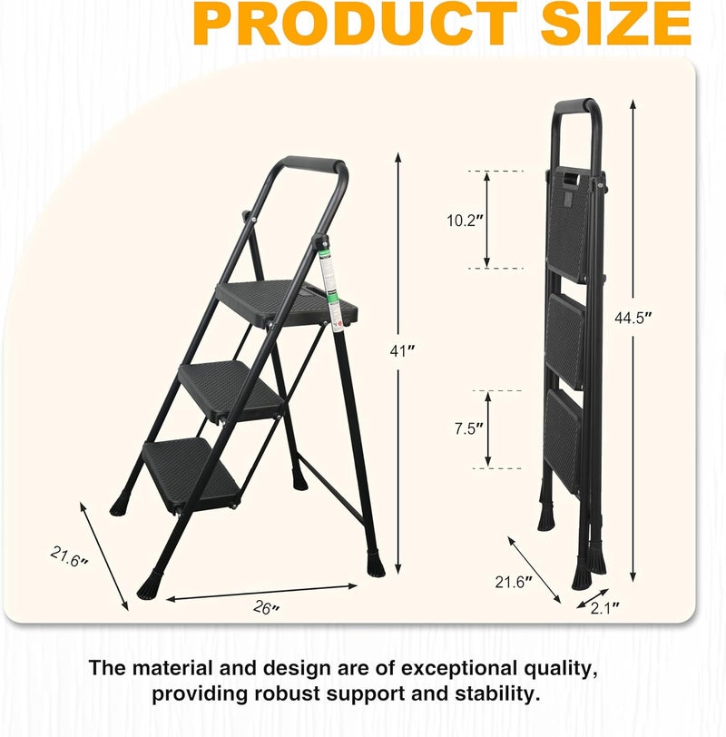Arbusb 3 Step Ladder, Portable Steel Folding Step Stool with Wide Anti-Slip Pedal & Convenient Handgrip, 500lbs Sturdy Steel Ladder, Black - Image 4